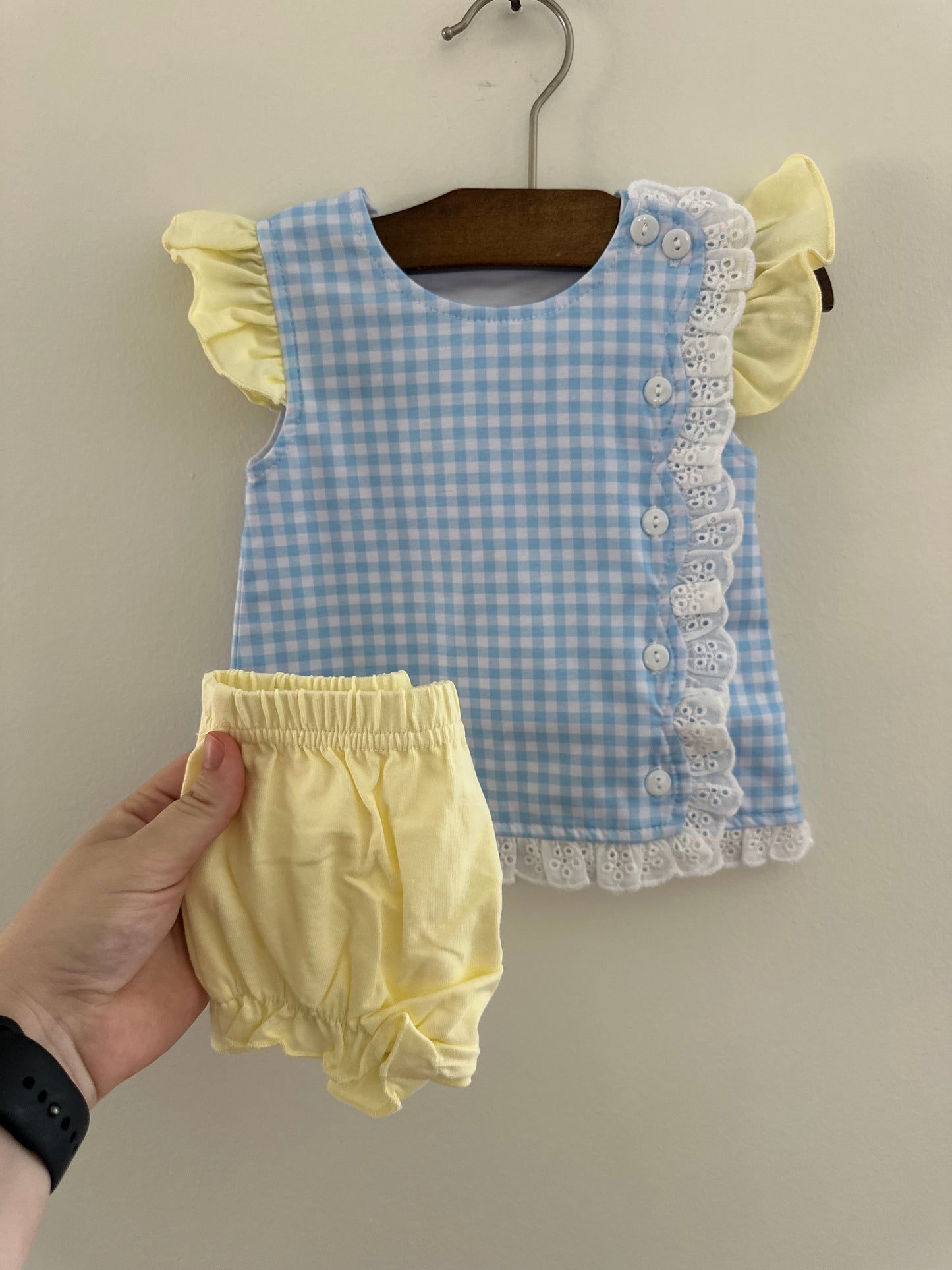 Girls Yellow and Blue Gingham Diaper Set
