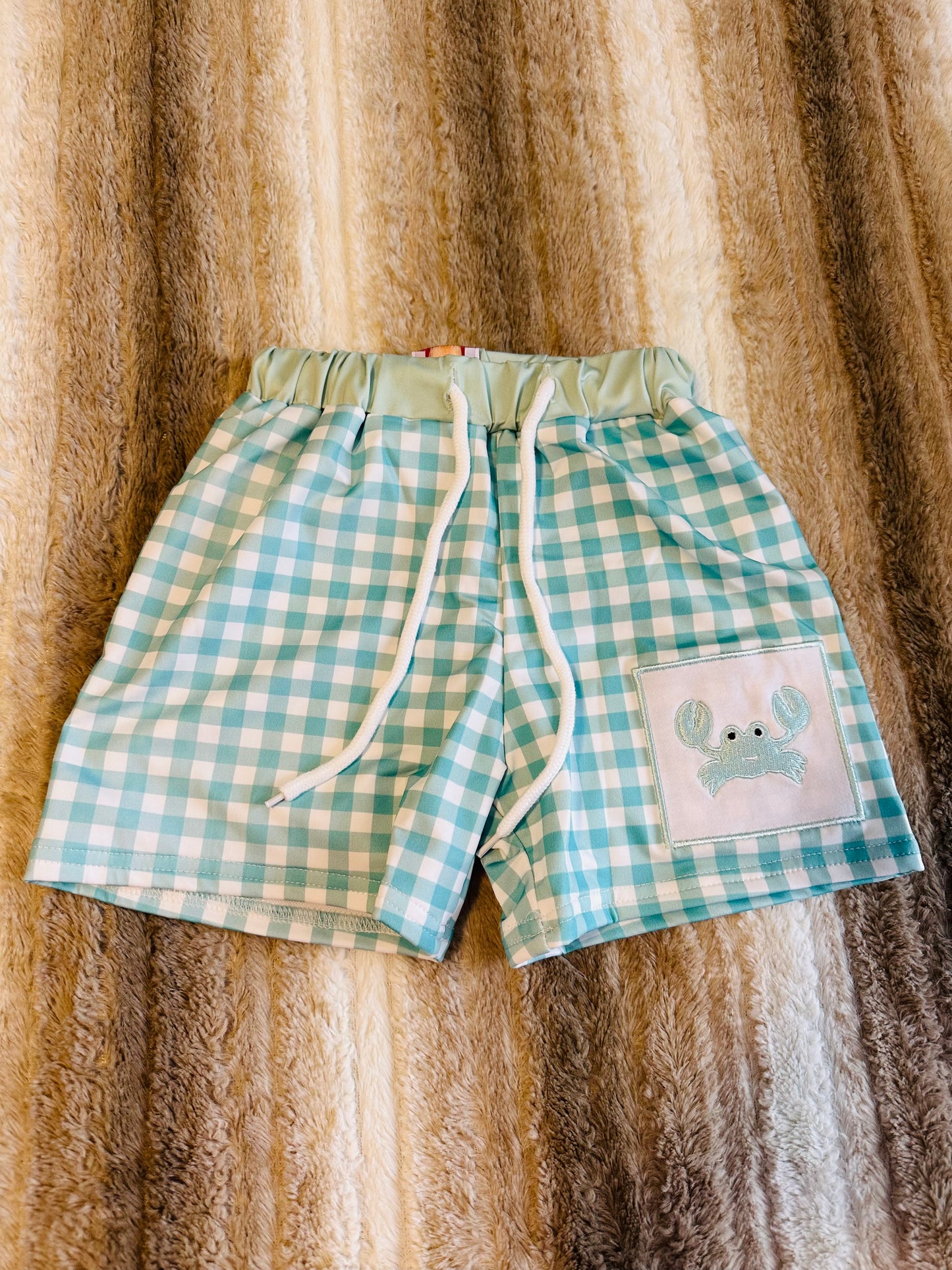 Boys Blue Gingham Crab Swim Trunks